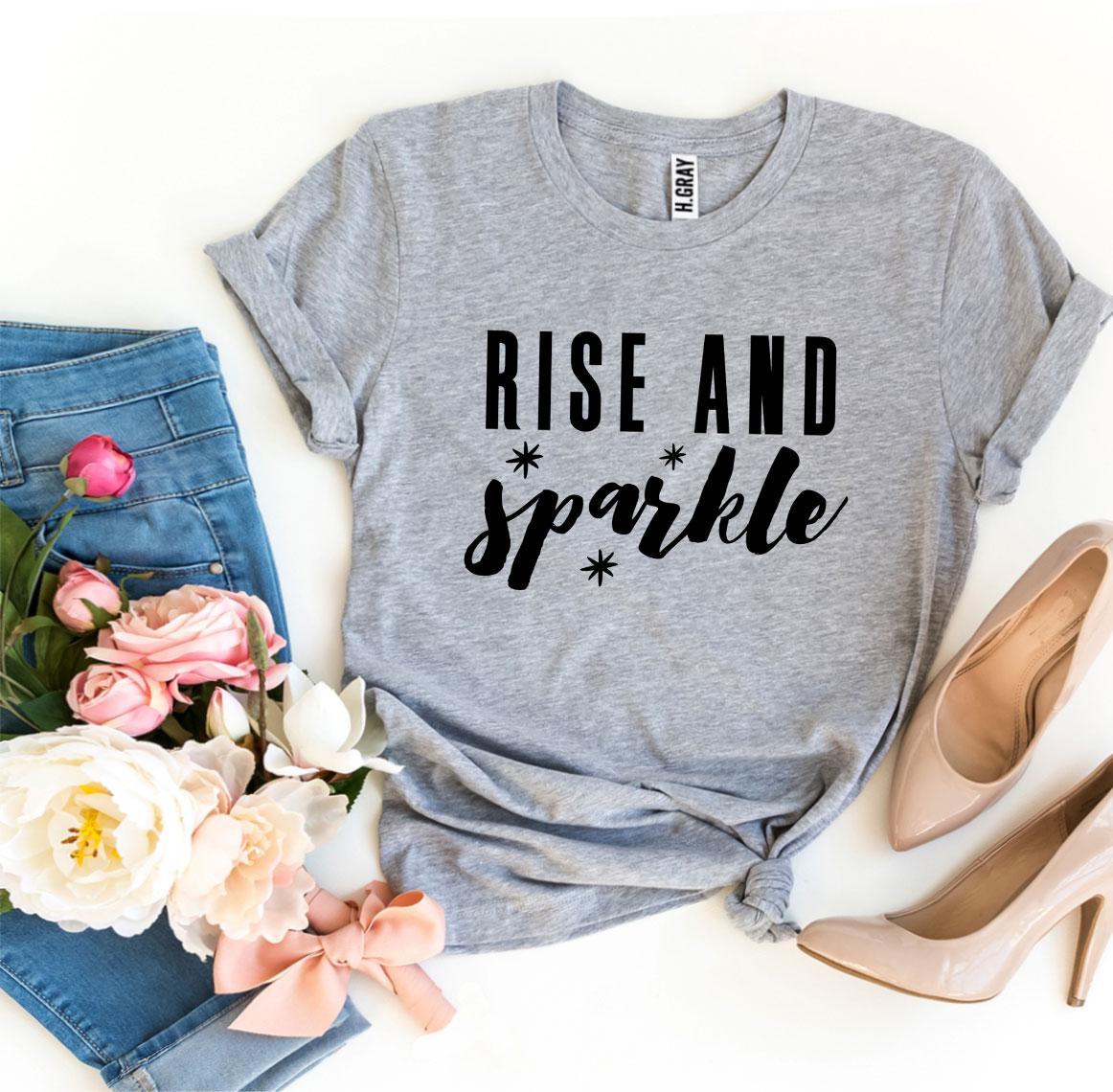 Rise And Sparkle T-shirt made from premium ring spun cotton, featuring a stylish flex print design in various sizes.