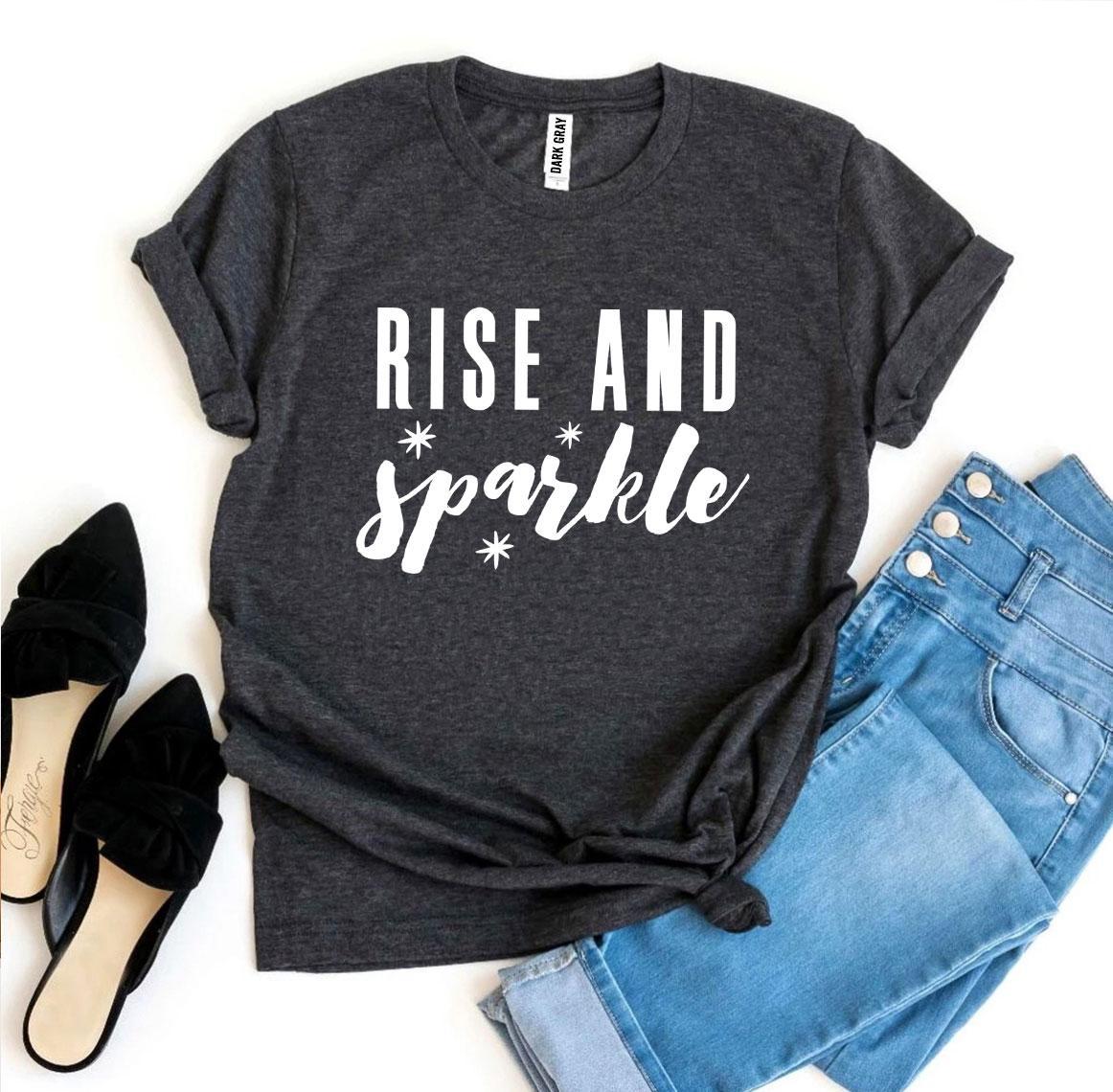 Rise And Sparkle T-shirt made from premium ring spun cotton, featuring a stylish flex print design in various sizes.