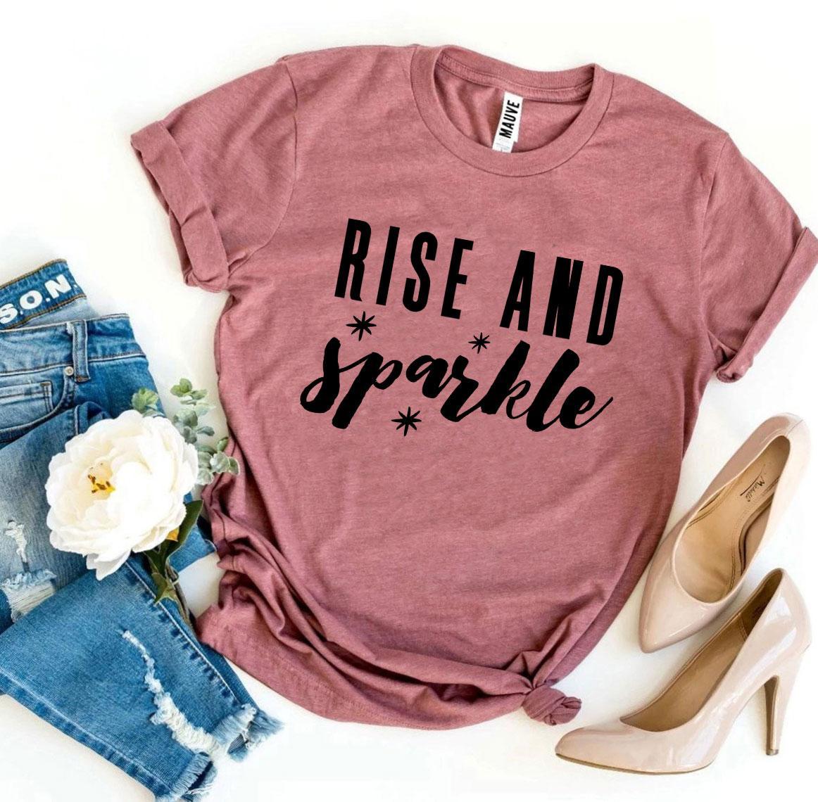 Rise And Sparkle T-shirt made from premium ring spun cotton, featuring a stylish flex print design in various sizes.