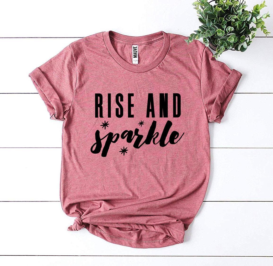 Rise And Sparkle T-shirt made from premium ring spun cotton, featuring a stylish flex print design in various sizes.