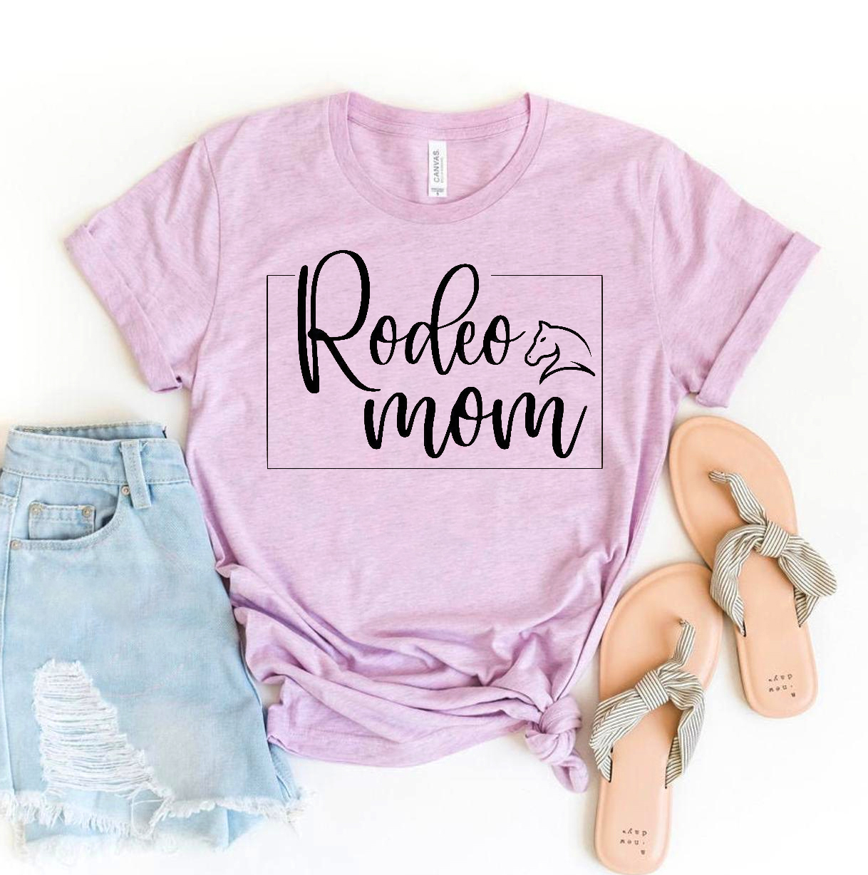 Rodeo Mom T-shirt made of premium ring spun cotton, featuring a stylish flex print design, available in various sizes.