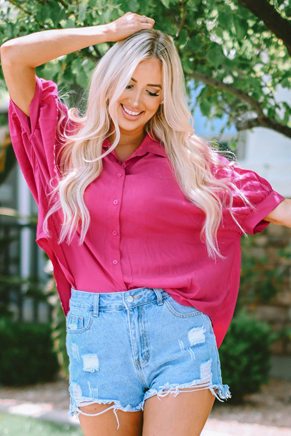 A stylish Rose Soft Oversize Shirt featuring dolman sleeves, made from soft lightweight fabric, perfect for all body shapes.