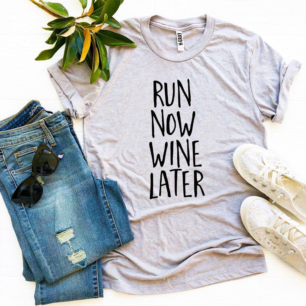 Run Now Wine Later T-shirt made of premium ring spun cotton, featuring a stylish flex print design.