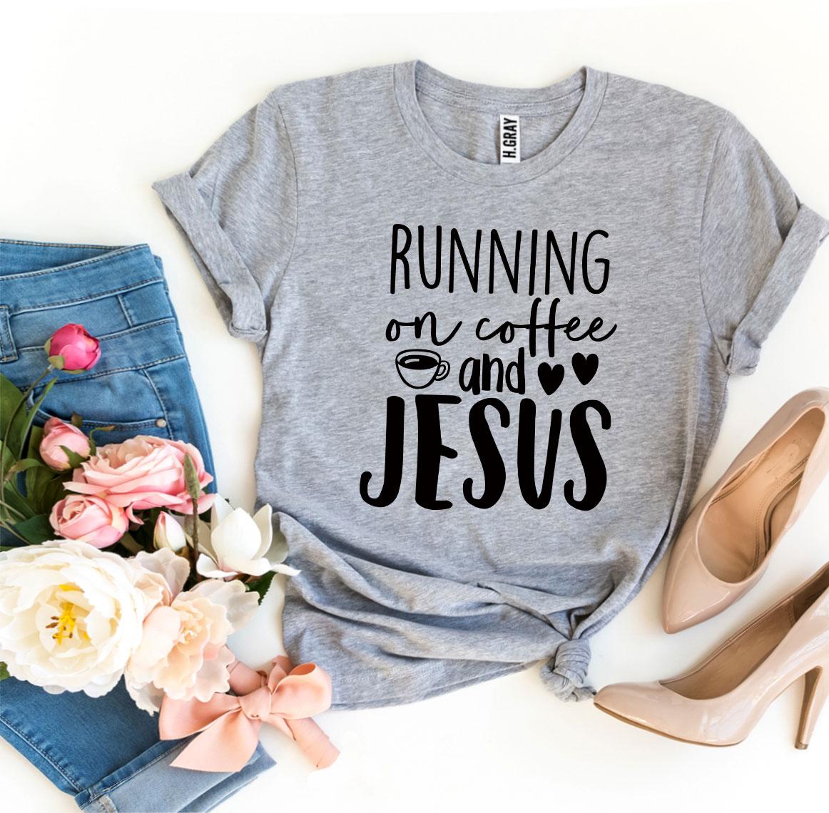 Running On Coffee And Jesus T-shirt made from premium ring spun cotton, featuring a vibrant flex print design.