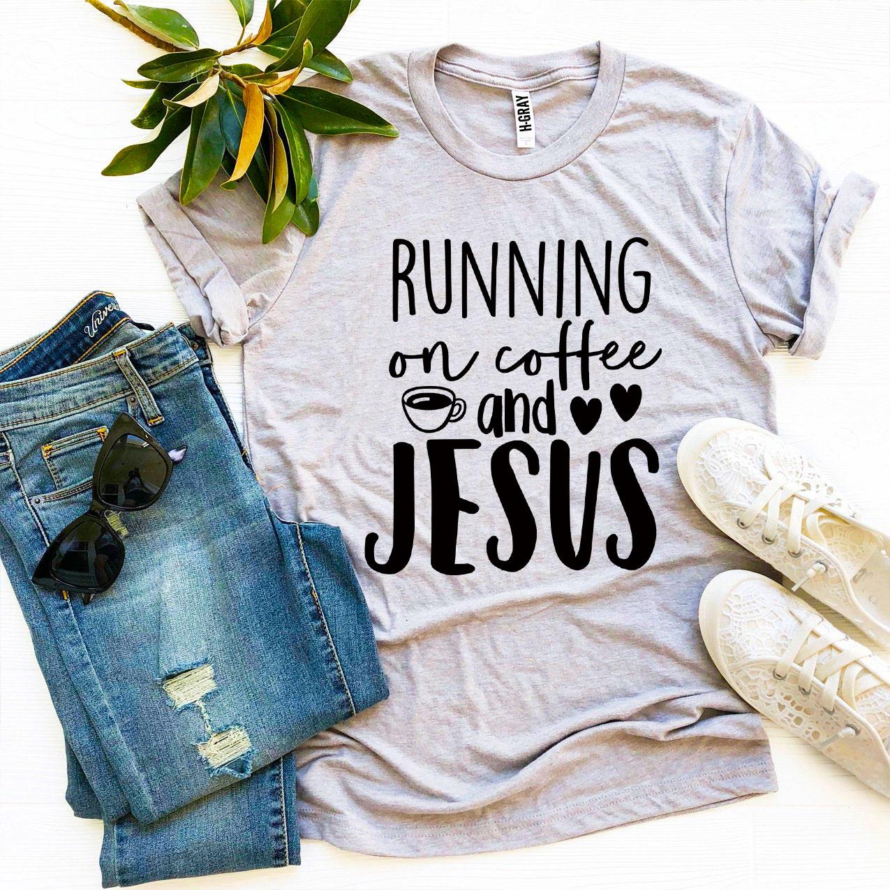 Running On Coffee And Jesus T-shirt made from premium ring spun cotton, featuring a vibrant flex print design.