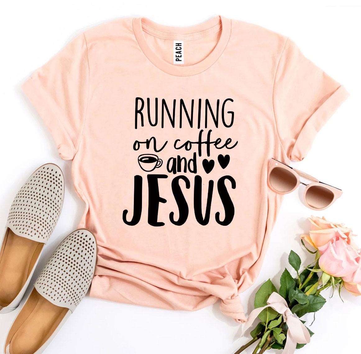 Running On Coffee And Jesus T-shirt made from premium ring spun cotton, featuring a vibrant flex print design.