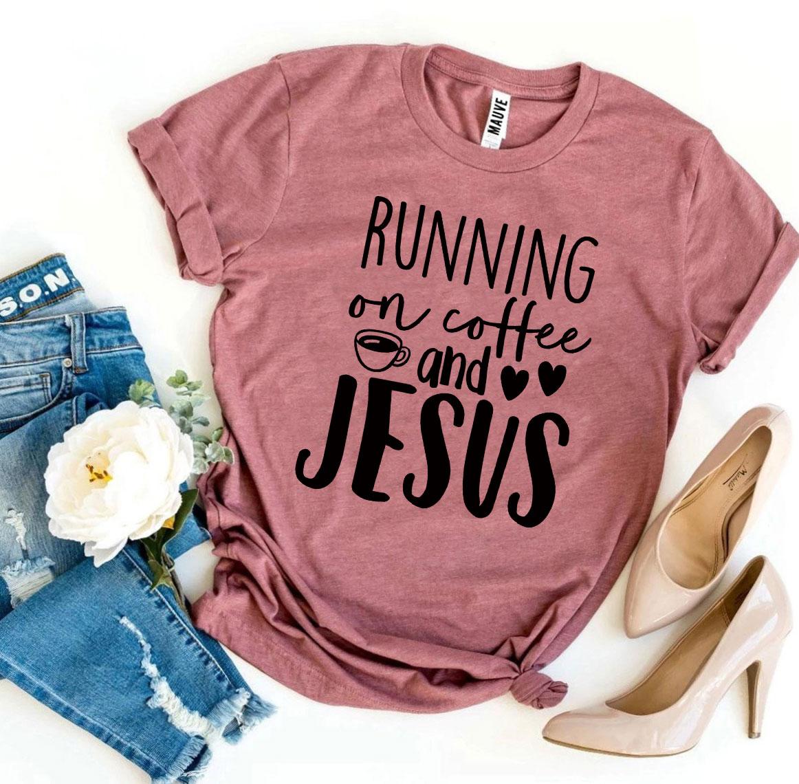 Running On Coffee And Jesus T-shirt made from premium ring spun cotton, featuring a vibrant flex print design.