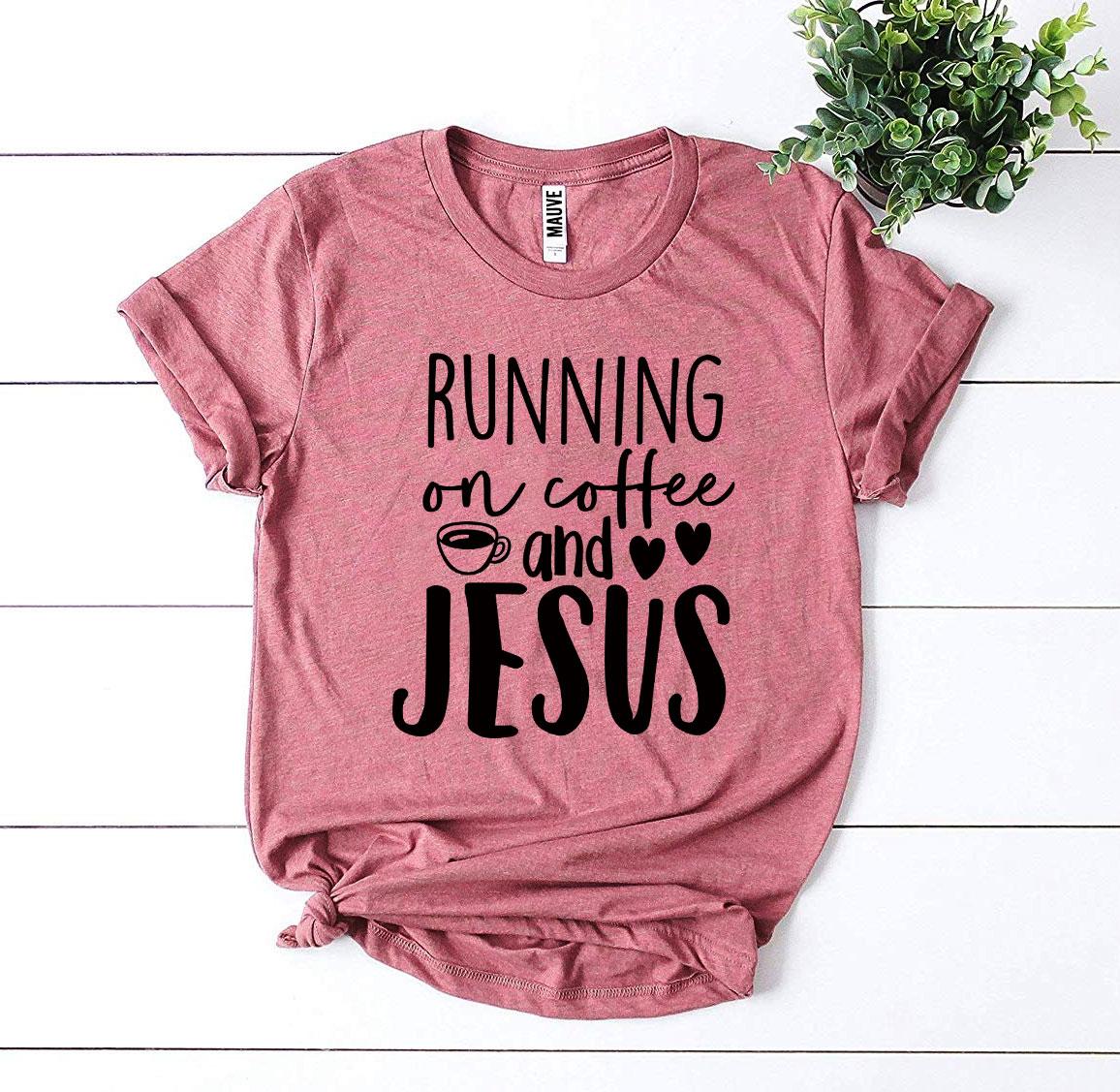 Running On Coffee And Jesus T-shirt made from premium ring spun cotton, featuring a vibrant flex print design.