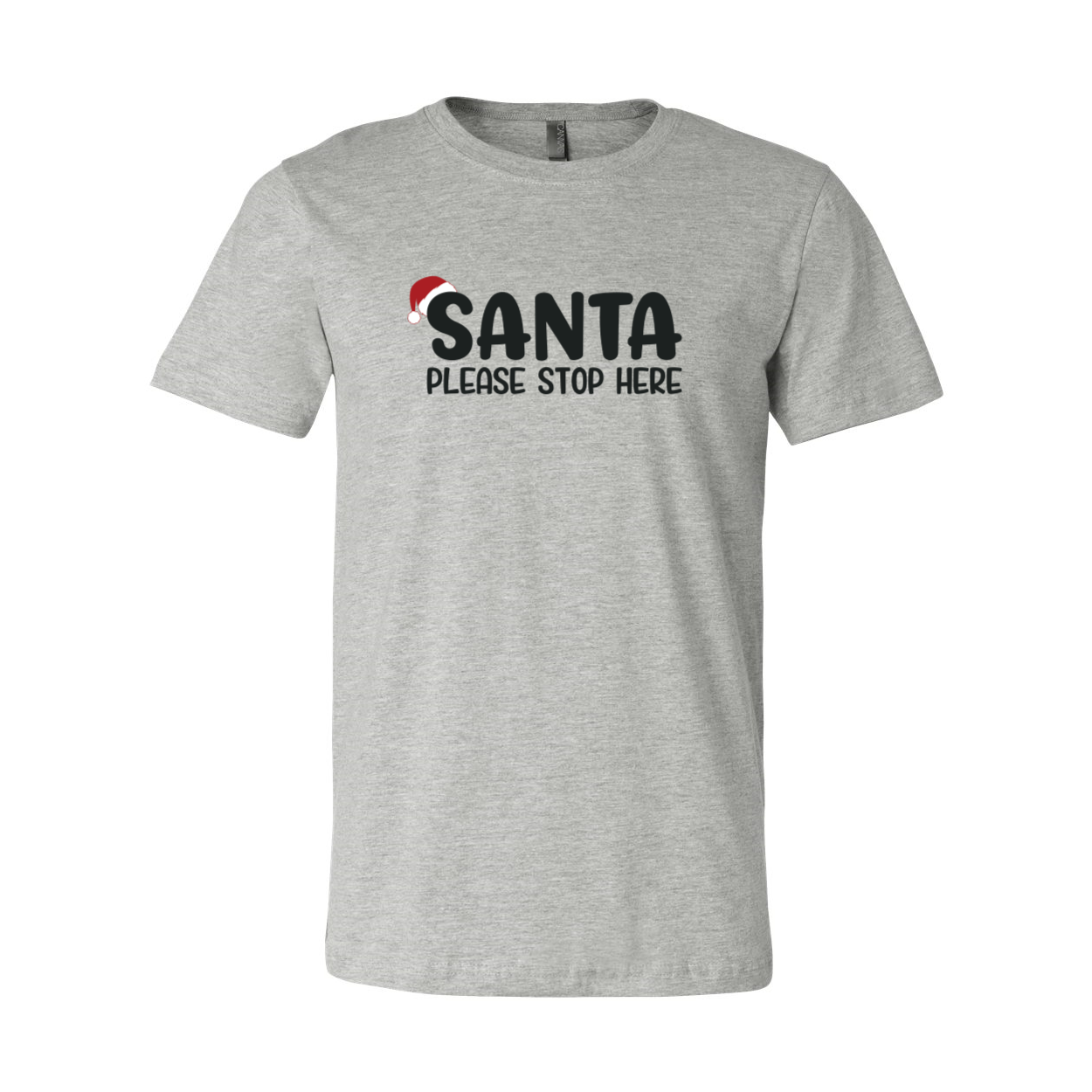 A festive unisex Santa Please Stop Here Shirt made from soft ring spun cotton, featuring a vibrant holiday design.