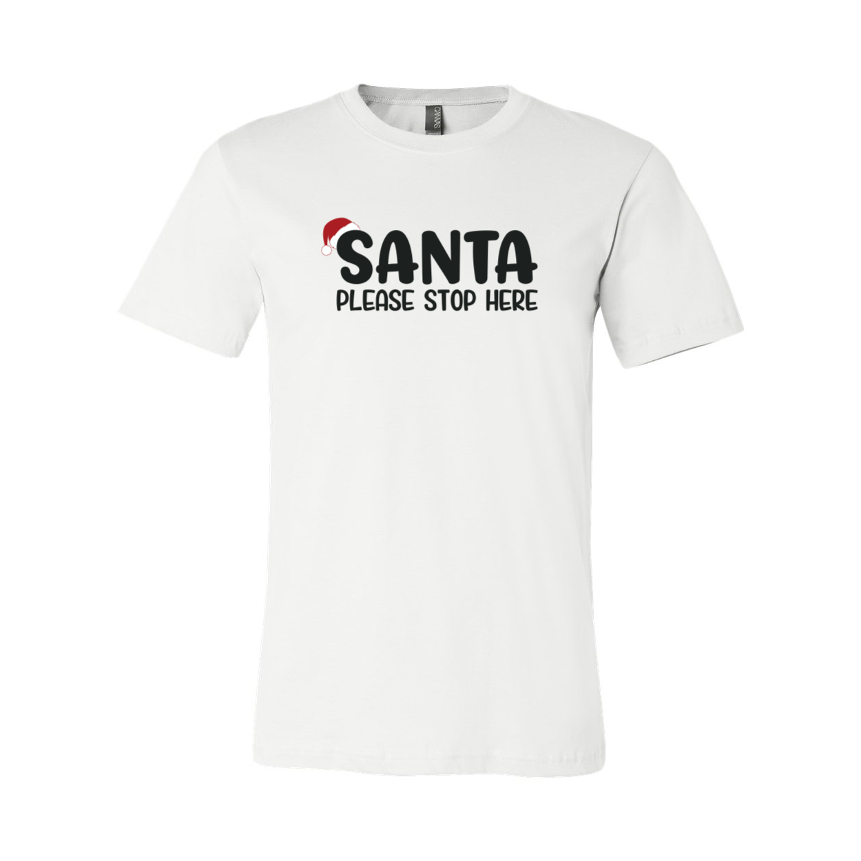 A festive unisex Santa Please Stop Here Shirt made from soft ring spun cotton, featuring a vibrant holiday design.