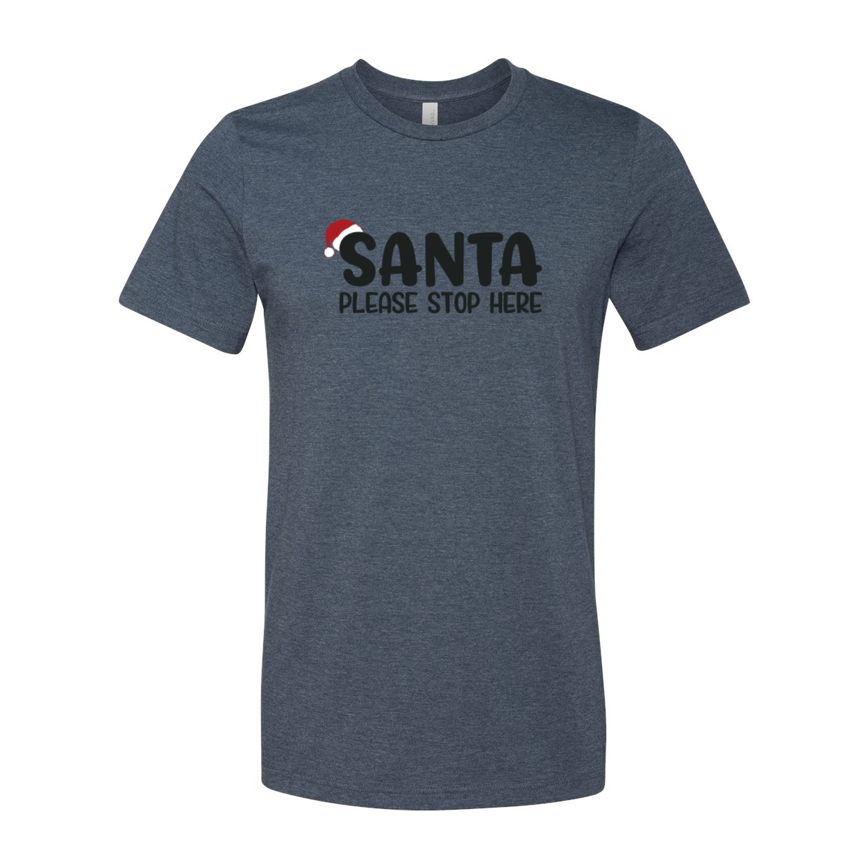 A festive unisex Santa Please Stop Here Shirt made from soft ring spun cotton, featuring a vibrant holiday design.