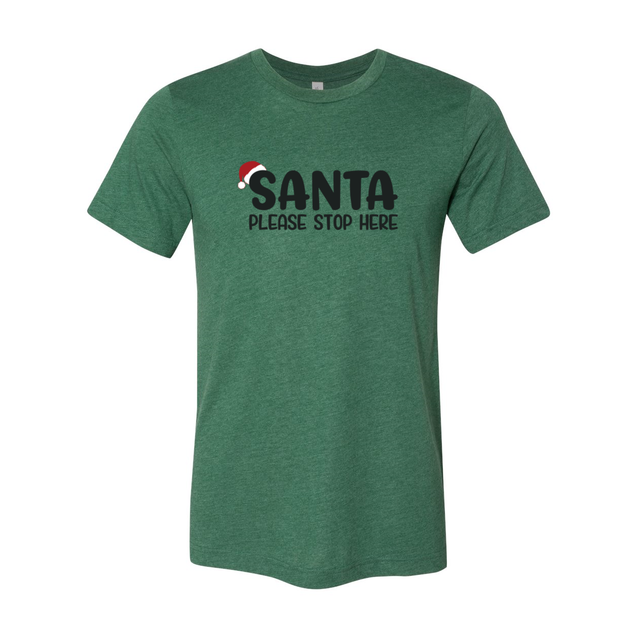 A festive unisex Santa Please Stop Here Shirt made from soft ring spun cotton, featuring a vibrant holiday design.