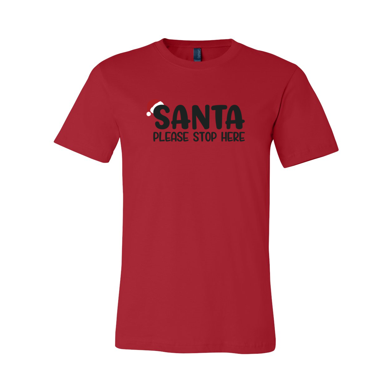 A festive unisex Santa Please Stop Here Shirt made from soft ring spun cotton, featuring a vibrant holiday design.