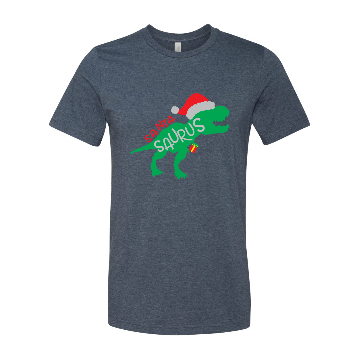 A festive Santa Saurus Shirt featuring a playful dinosaur design, made from soft ring spun cotton, available in multiple colors.