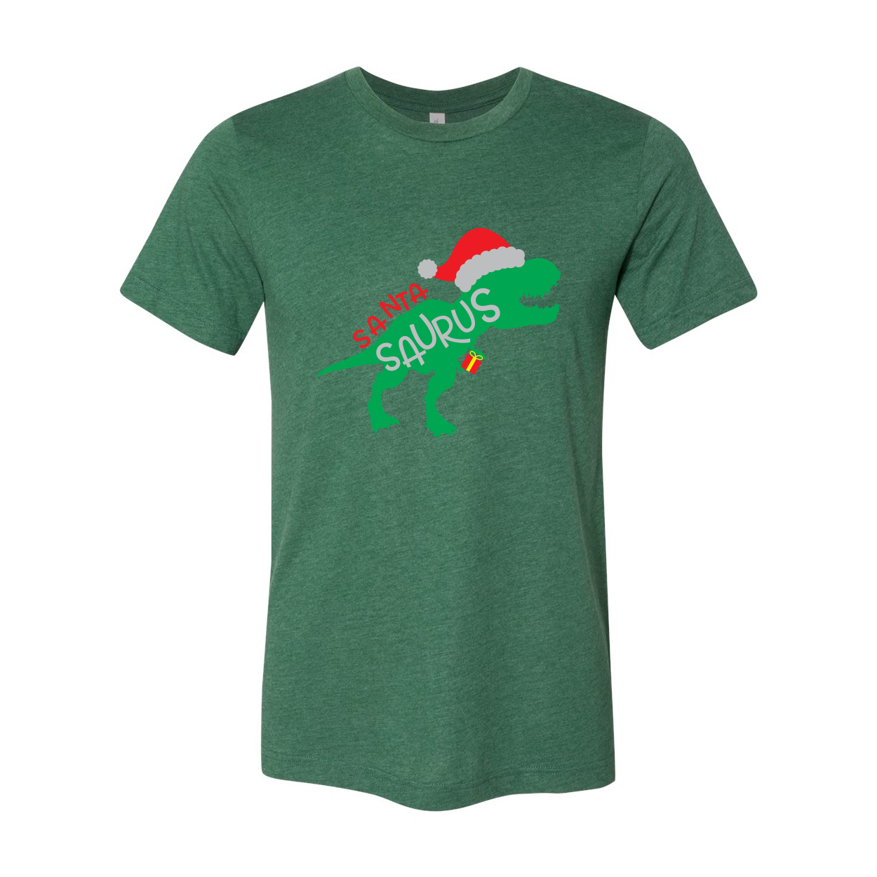 A festive Santa Saurus Shirt featuring a playful dinosaur design, made from soft ring spun cotton, available in multiple colors.