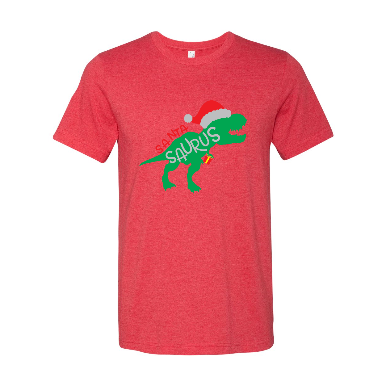 A festive Santa Saurus Shirt featuring a playful dinosaur design, made from soft ring spun cotton, available in multiple colors.