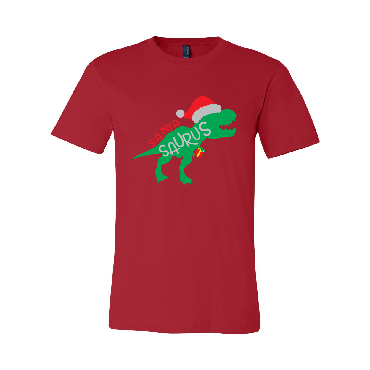 A festive Santa Saurus Shirt featuring a playful dinosaur design, made from soft ring spun cotton, available in multiple colors.