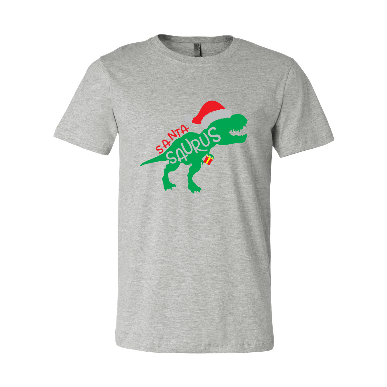 A festive Santa Saurus Shirt featuring a playful dinosaur design, made from soft ring spun cotton, available in multiple colors.