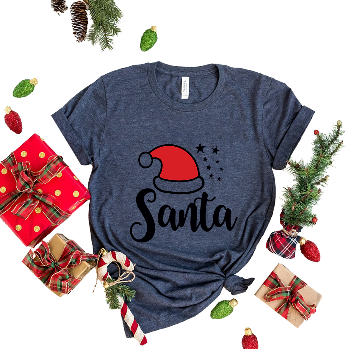 A festive Santa Shirt made from soft ring spun cotton, featuring a classic crew neck and available in multiple colors and sizes.