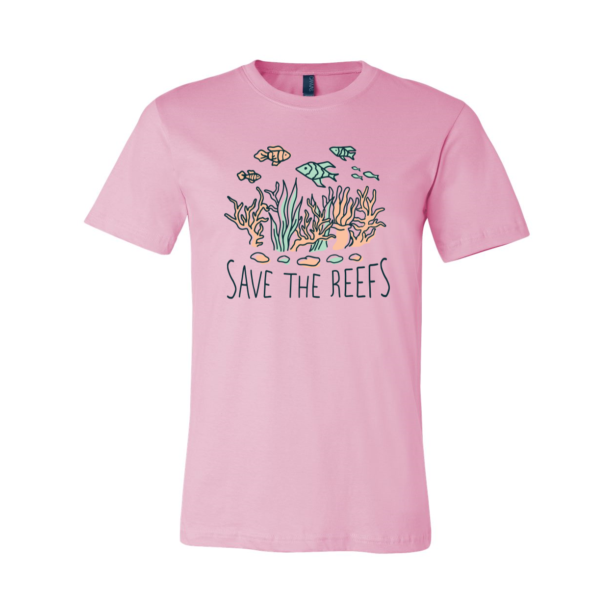 Save The Reefs T-shirt featuring a classic unisex design in soft airlume cotton, available in various sizes.