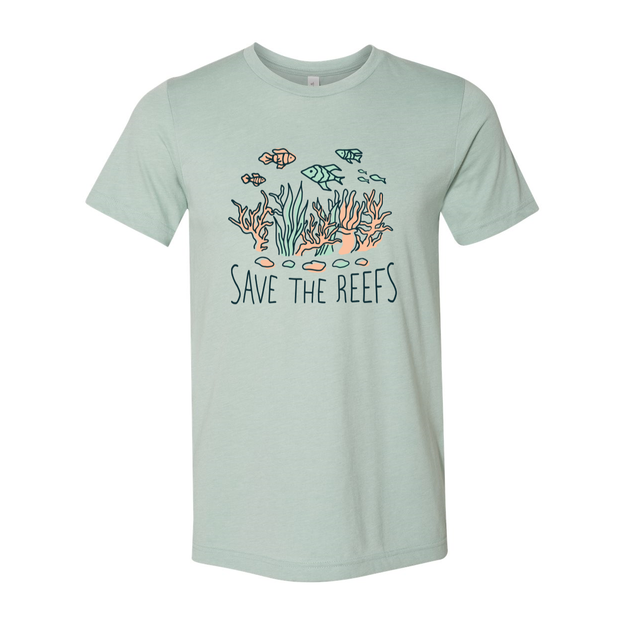 Save The Reefs T-shirt featuring a classic unisex design in soft airlume cotton, available in various sizes.