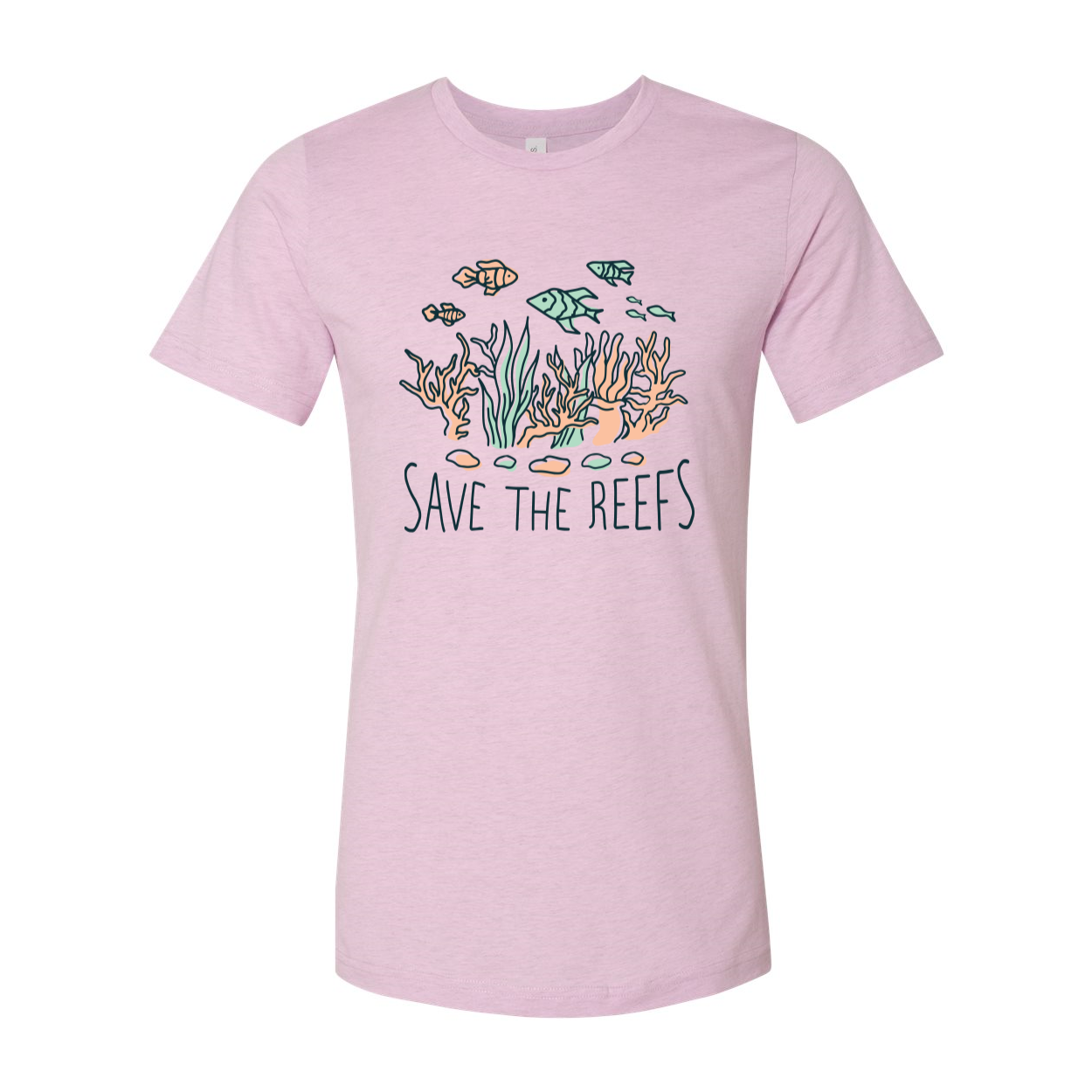 Save The Reefs T-shirt featuring a classic unisex design in soft airlume cotton, available in various sizes.