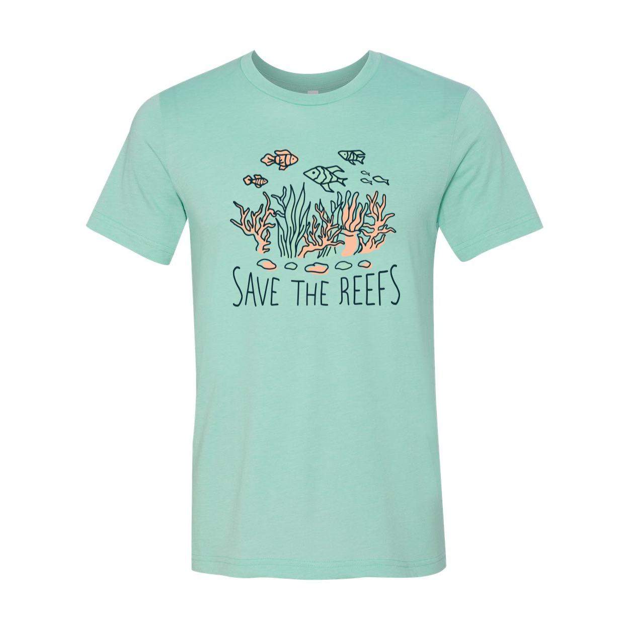 Save The Reefs T-shirt featuring a classic unisex design in soft airlume cotton, available in various sizes.