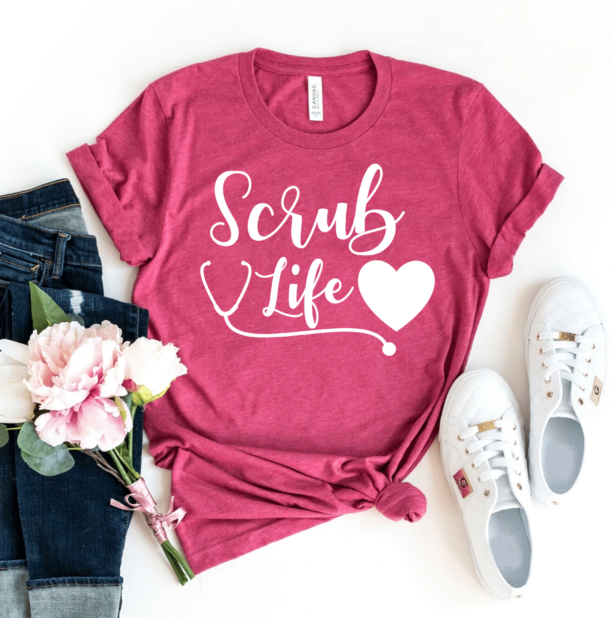 Scrub Life T-shirt made of premium ring spun cotton, featuring a soft textile flex print design in various sizes.