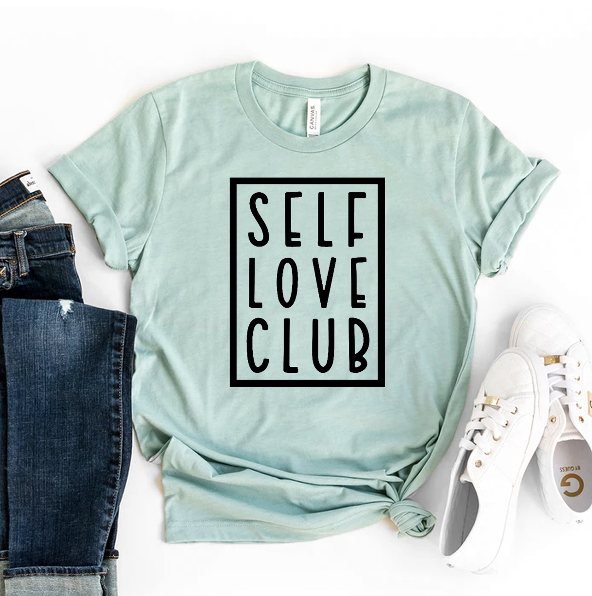 Self Love Club T-shirt made of premium ring spun cotton, featuring a soft textile flex print design, available in various sizes.