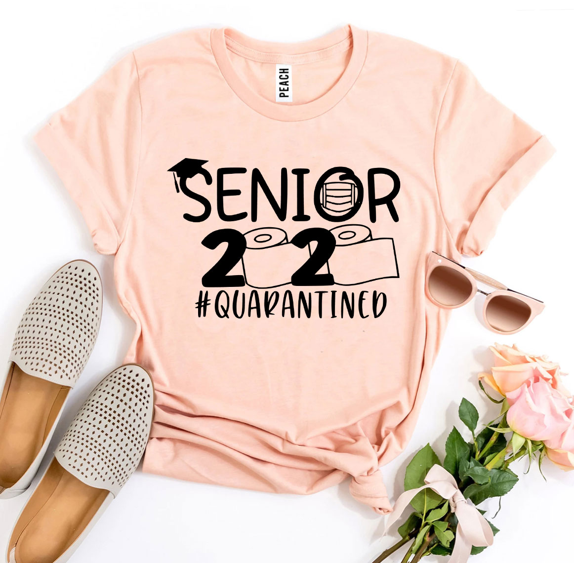 Senior 2020 T-shirt made of premium ring spun cotton with vibrant flex print design, available in various sizes.