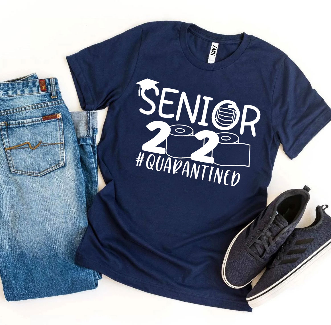 Senior 2020 T-shirt made of premium ring spun cotton with vibrant flex print design, available in various sizes.