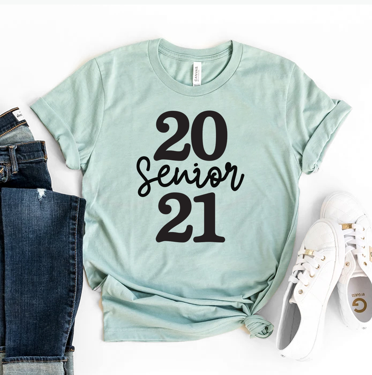 Senior 2021 T-shirt made of premium ring spun cotton with a vibrant flex print design, available in various sizes.