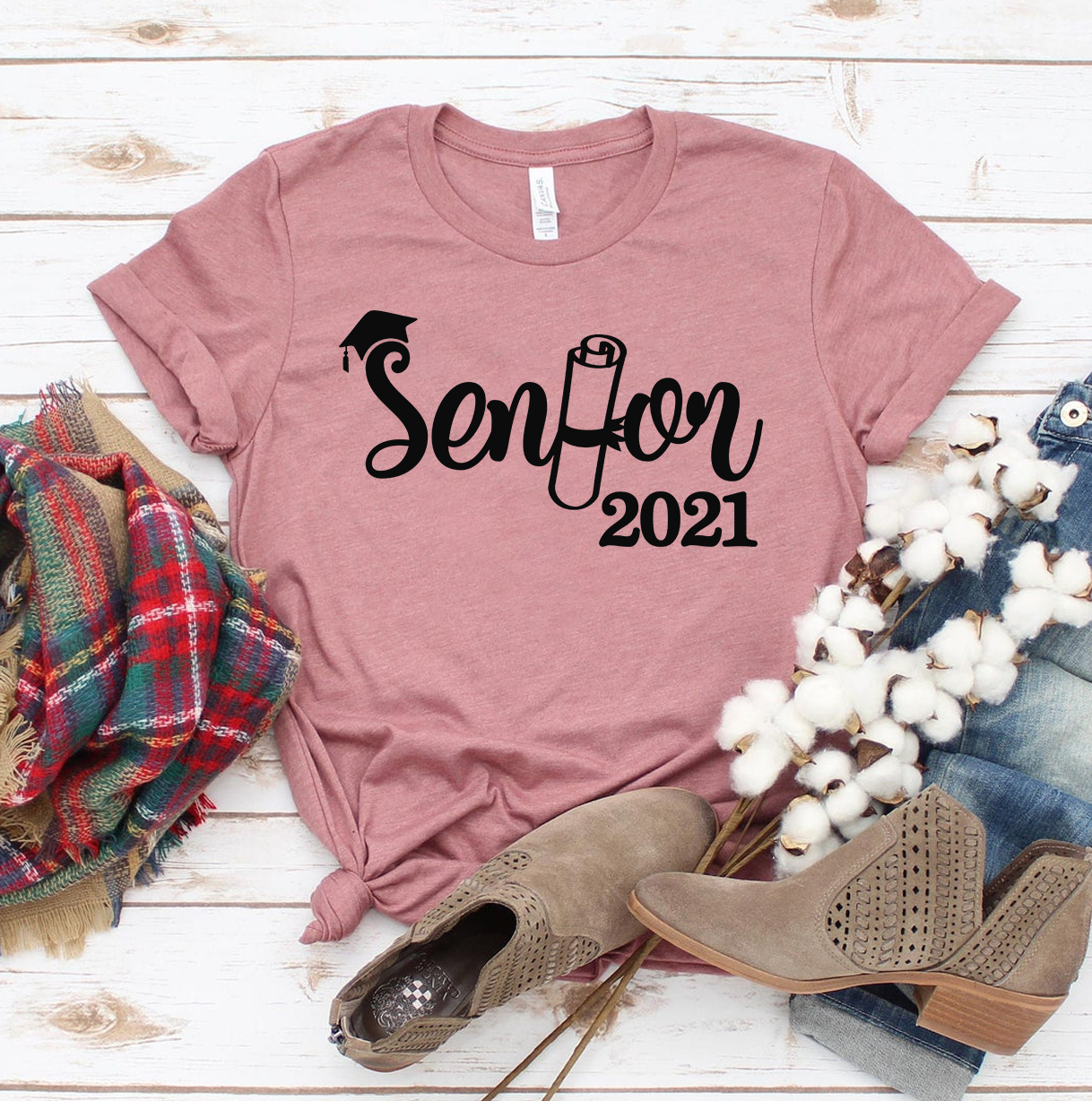 Senior 2021 T-shirt made from premium ring spun cotton, featuring a vibrant flex print design, available in various sizes.