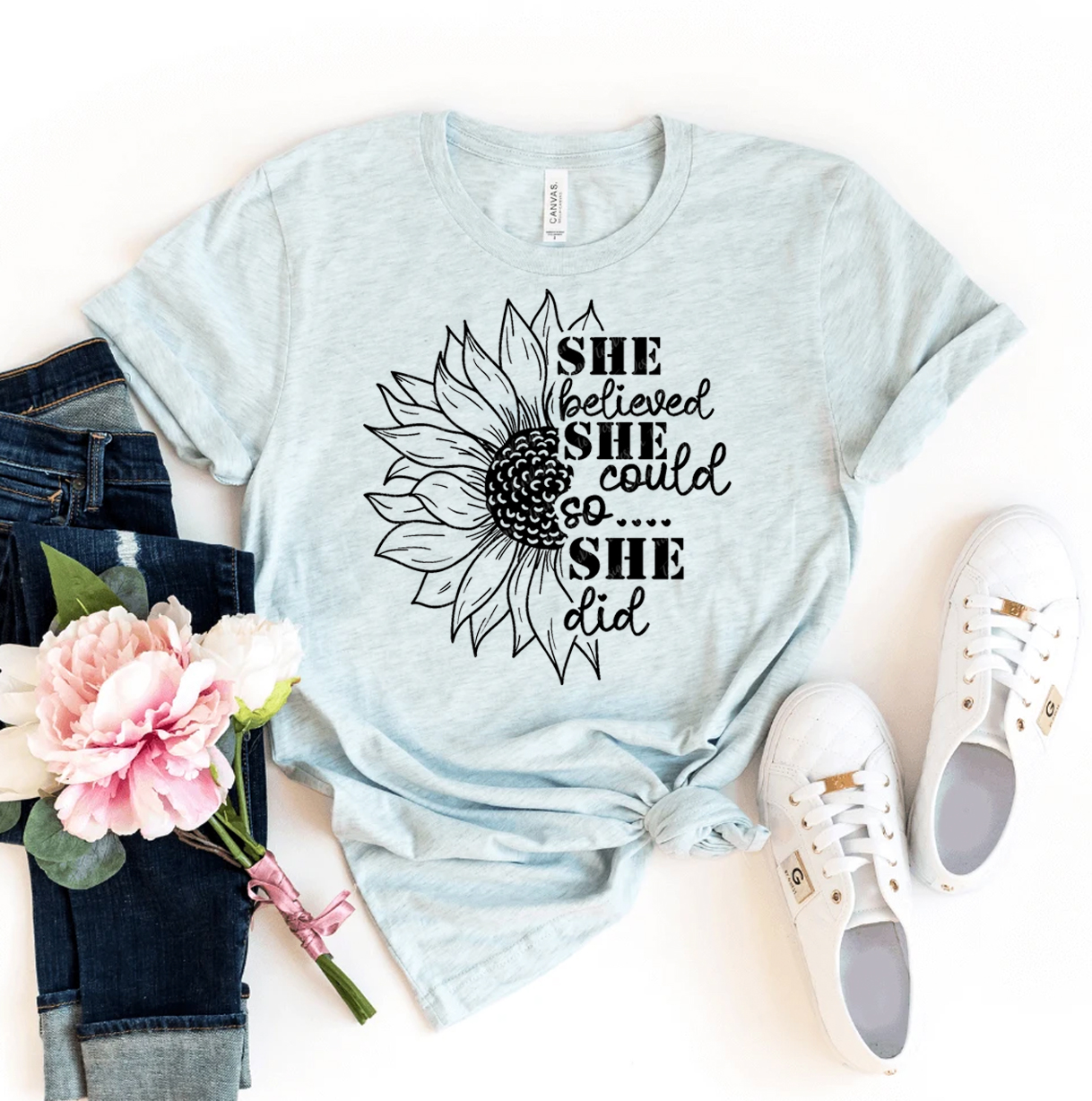 A stylish T-shirt featuring the empowering quote 'She Believed She Could So She Did', made from soft ring spun cotton.