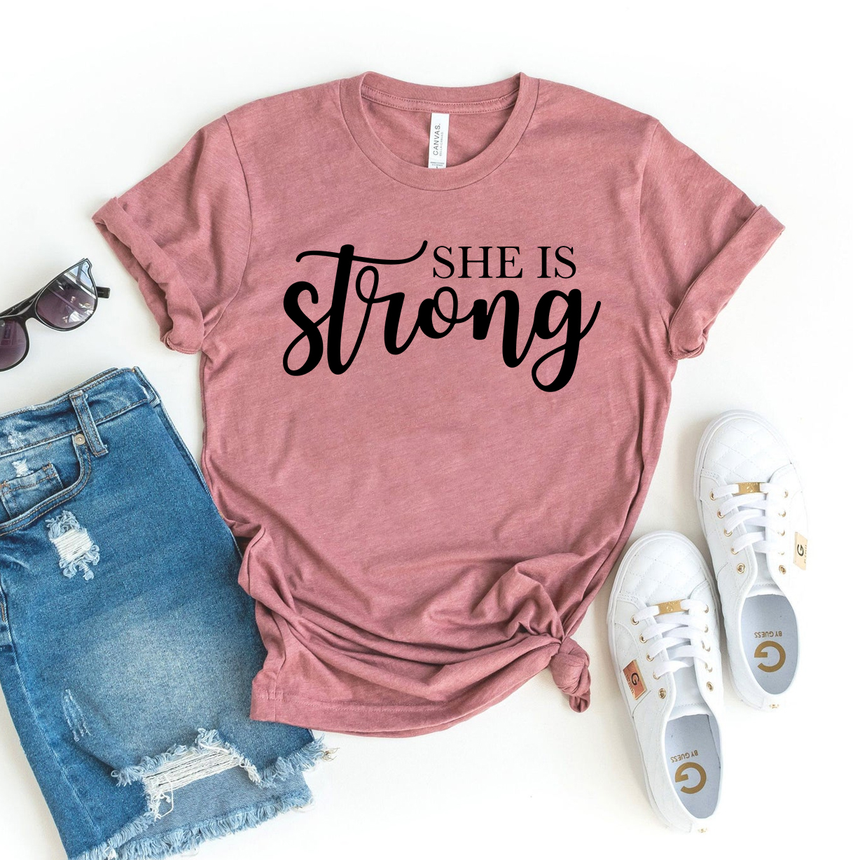 She Is Strong T-shirt made of premium ring spun cotton, featuring a soft feel and high-quality flex print design.