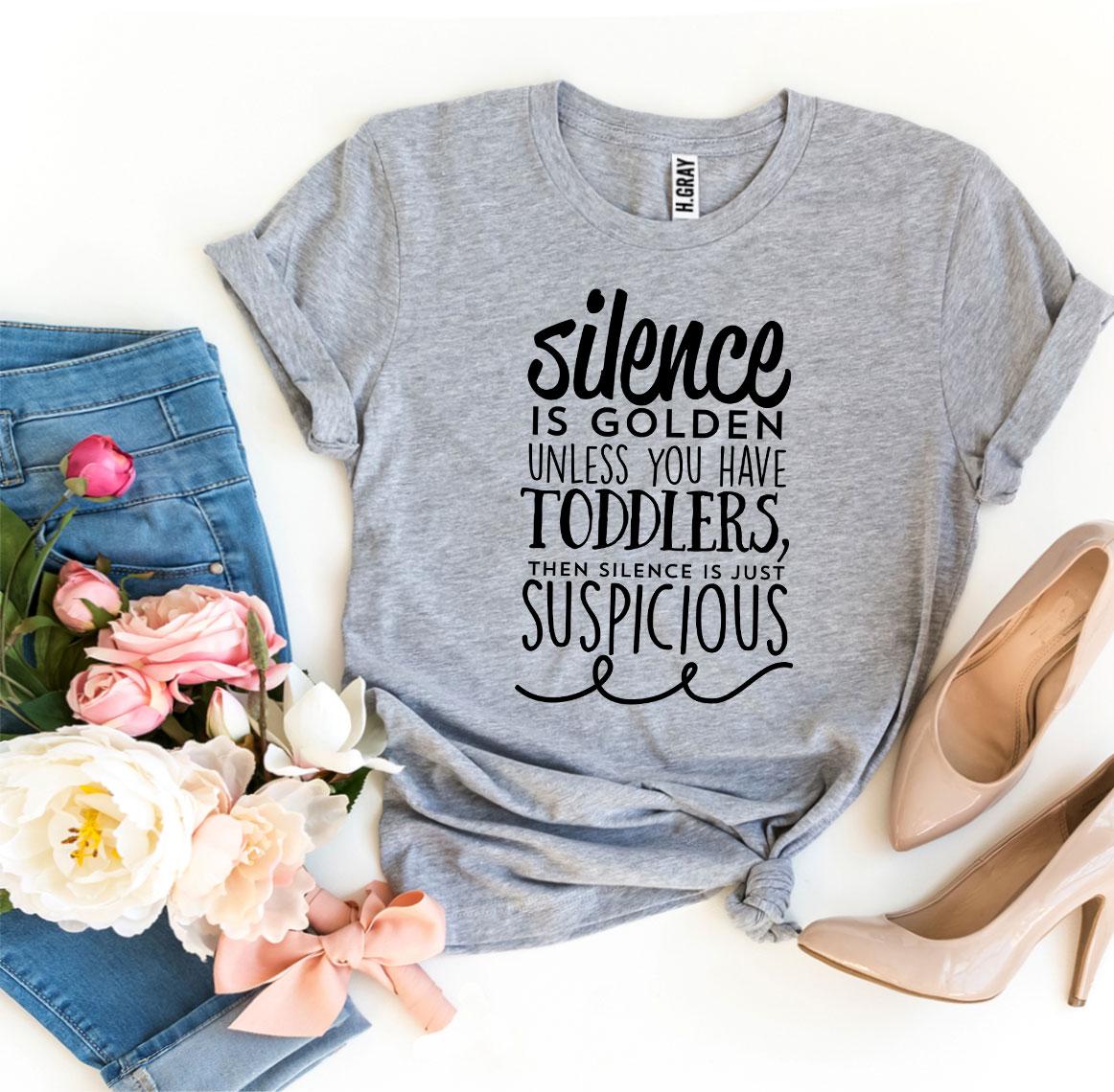 Silence Is Golden T-shirt made from premium ring spun cotton, featuring a soft textile flex print design in a comfortable retail fit.