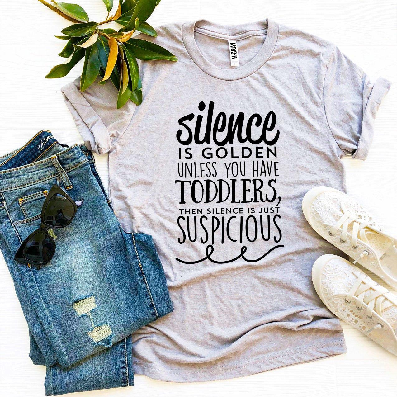 Silence Is Golden T-shirt made from premium ring spun cotton, featuring a soft textile flex print design in a comfortable retail fit.