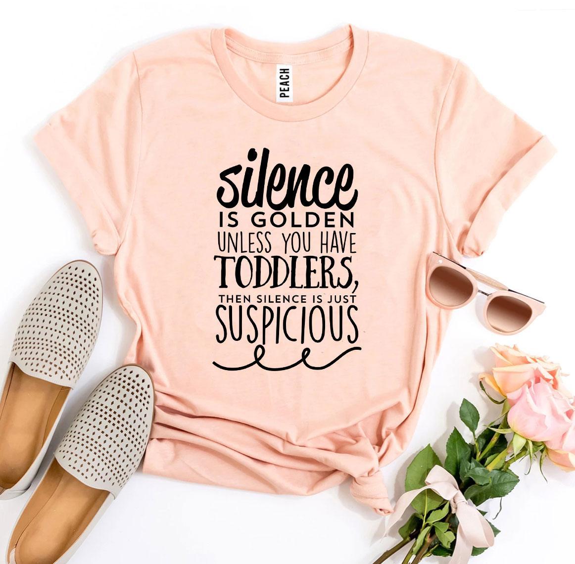 Silence Is Golden T-shirt made from premium ring spun cotton, featuring a soft textile flex print design in a comfortable retail fit.