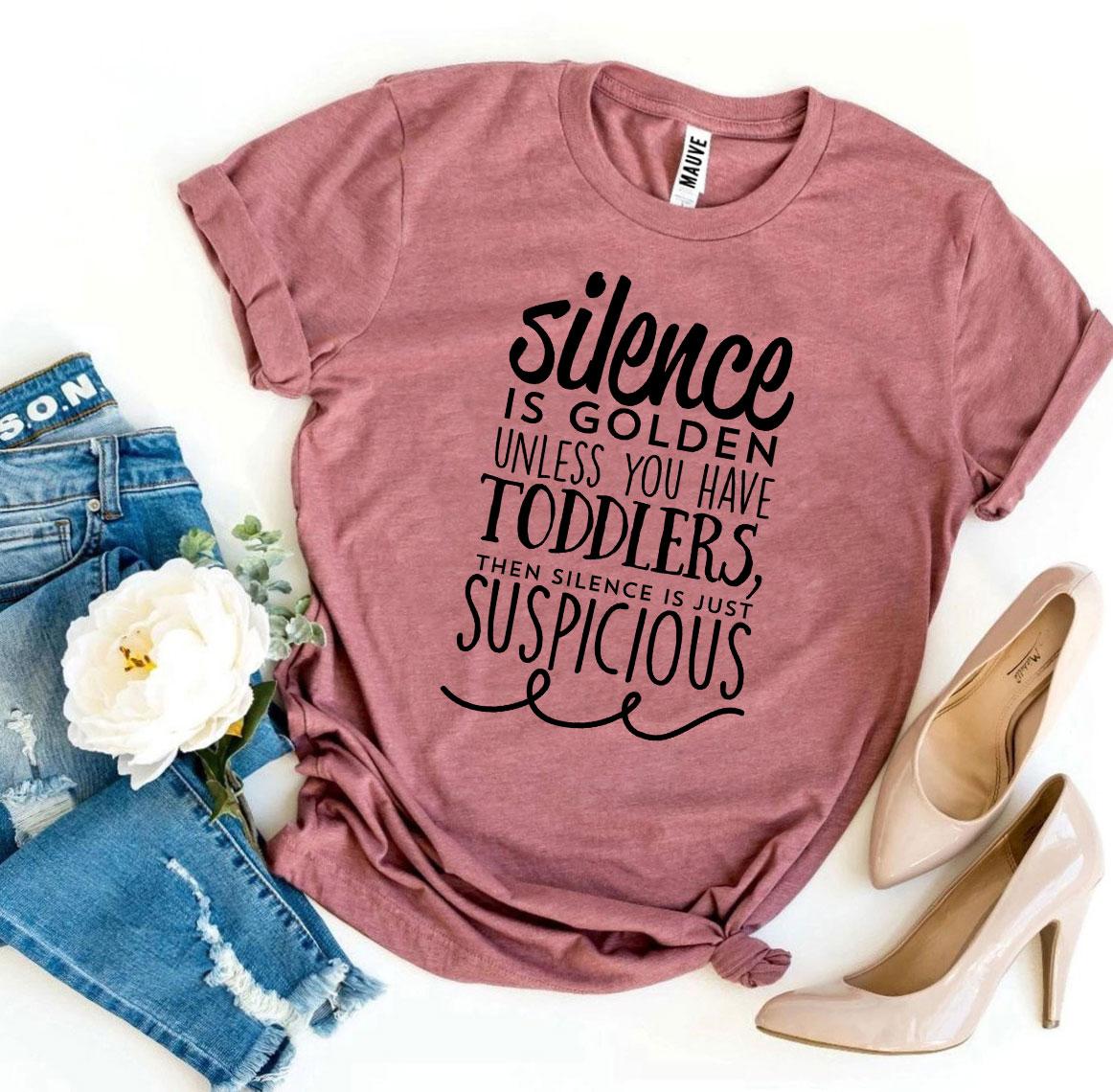 Silence Is Golden T-shirt made from premium ring spun cotton, featuring a soft textile flex print design in a comfortable retail fit.