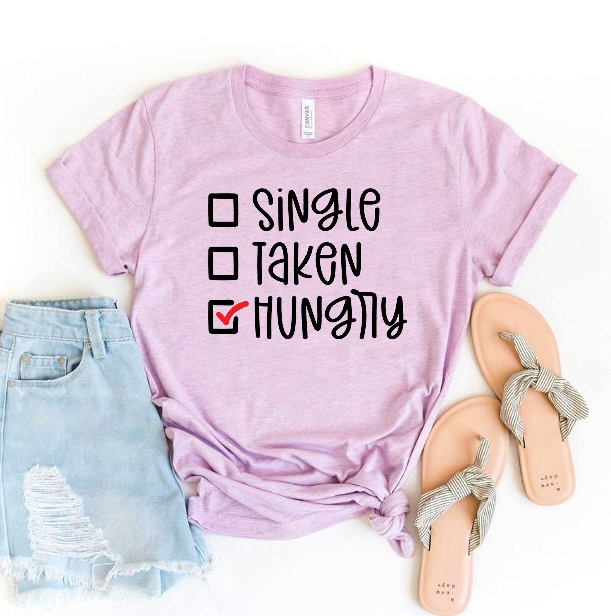 Single Taken Hungry T-shirt made from premium ring spun cotton, featuring a humorous design and available in various sizes.