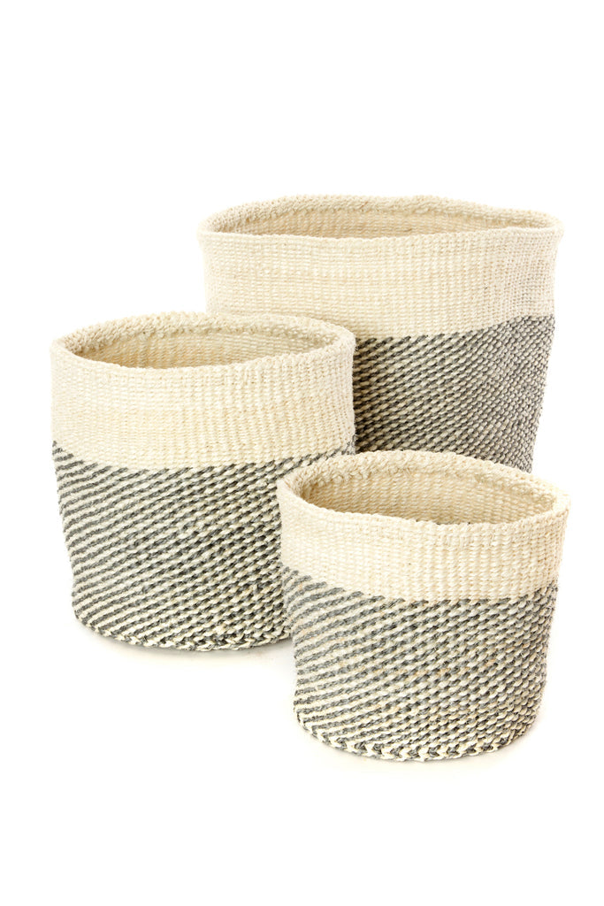 Set of three handwoven Sisal African planter and storage baskets in varying sizes, showcasing natural fibers and vibrant colors.