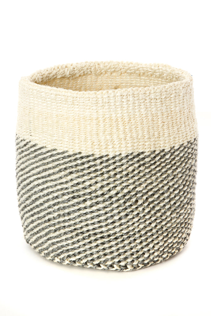 Set of three handwoven Sisal African planter and storage baskets in varying sizes, showcasing natural fibers and vibrant colors.