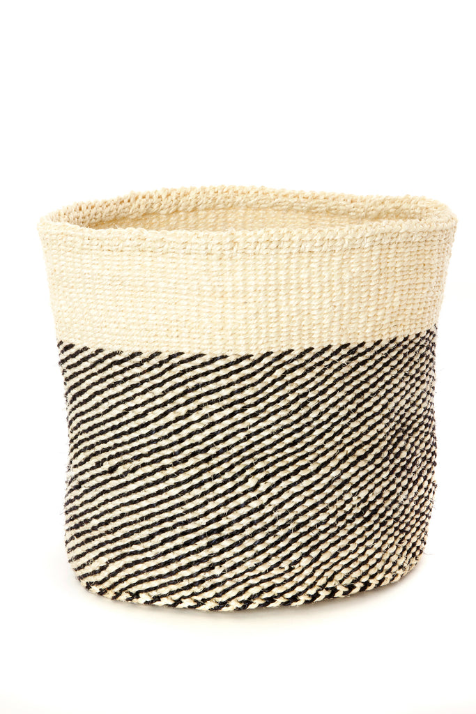 Set of three handwoven Sisal African planter and storage baskets in varying sizes, showcasing natural fibers and vibrant colors.