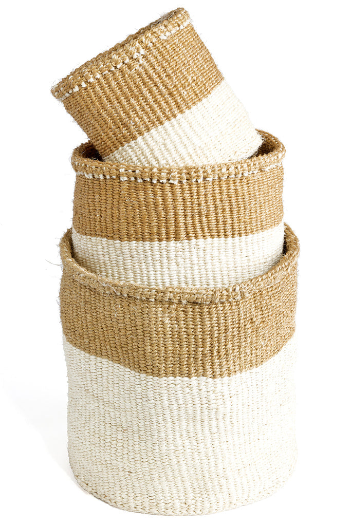 A set of three handwoven sisal baskets in various sizes, showcasing vibrant colors and intricate patterns, perfect for storage or as planters.