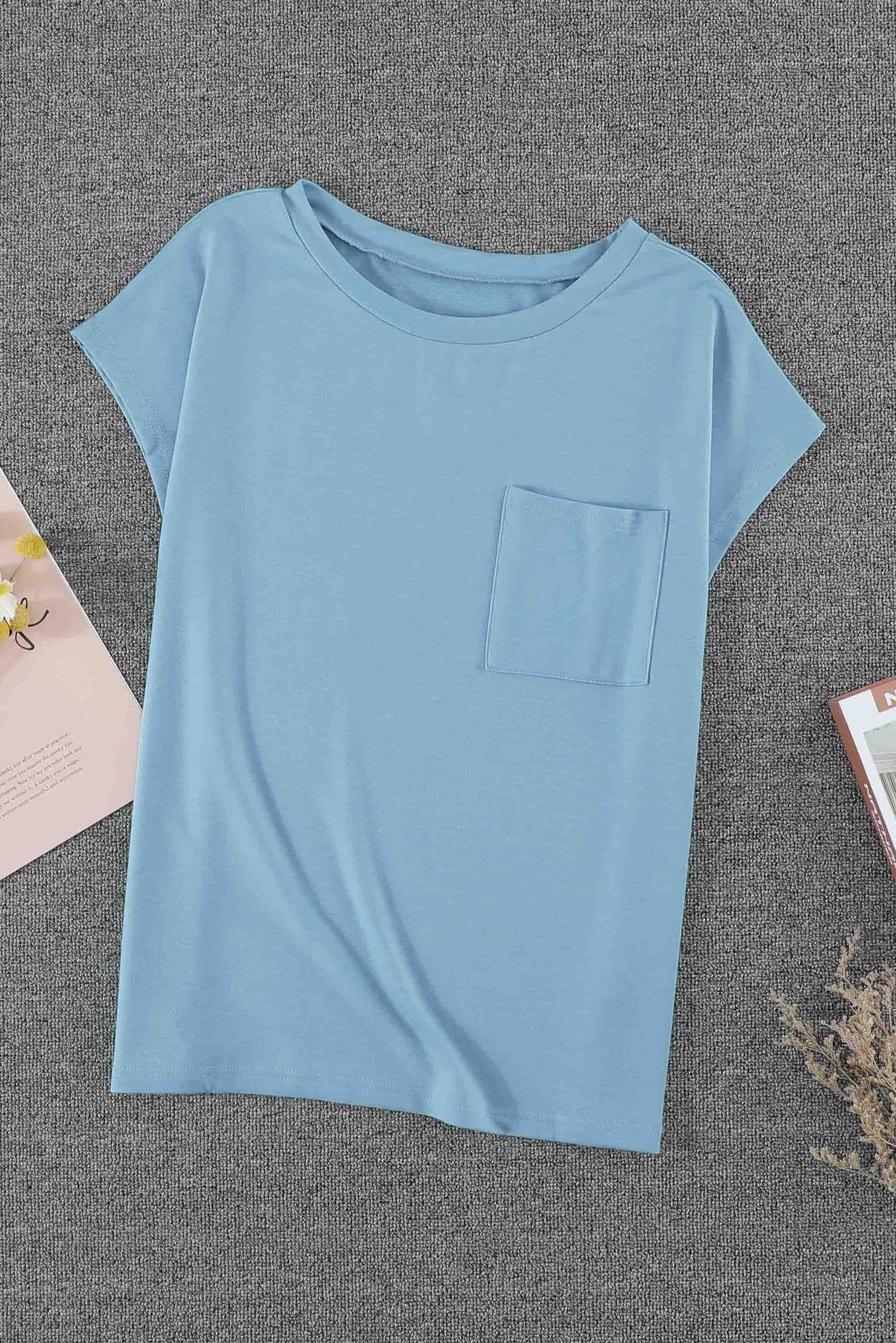 Sky Blue Knit Pocketed Side Slits Short Sleeve Tee featuring a relaxed fit, bust pocket, and side slits, perfect for summer wear.