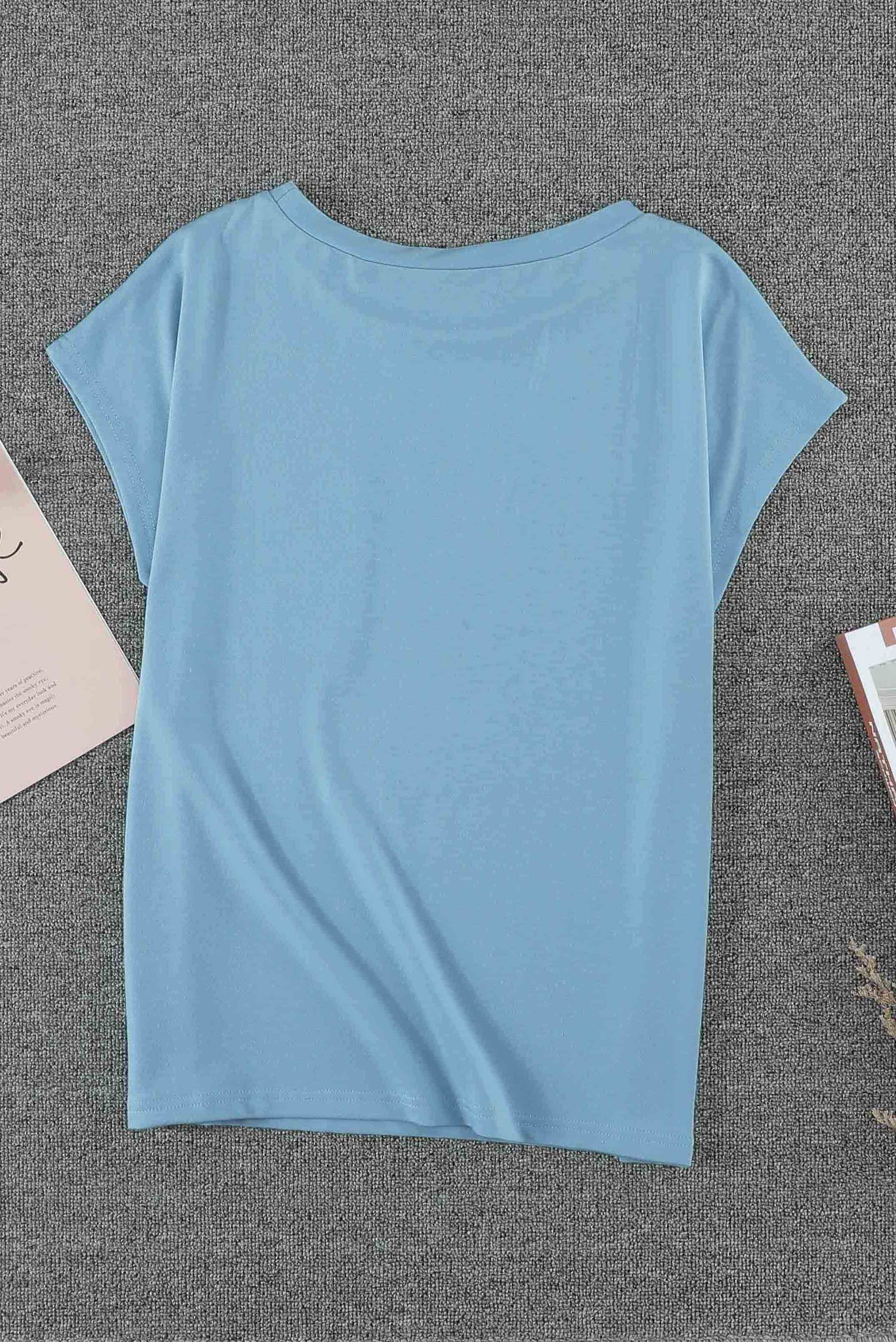 Sky Blue Knit Pocketed Side Slits Short Sleeve Tee featuring a relaxed fit, bust pocket, and side slits, perfect for summer wear.