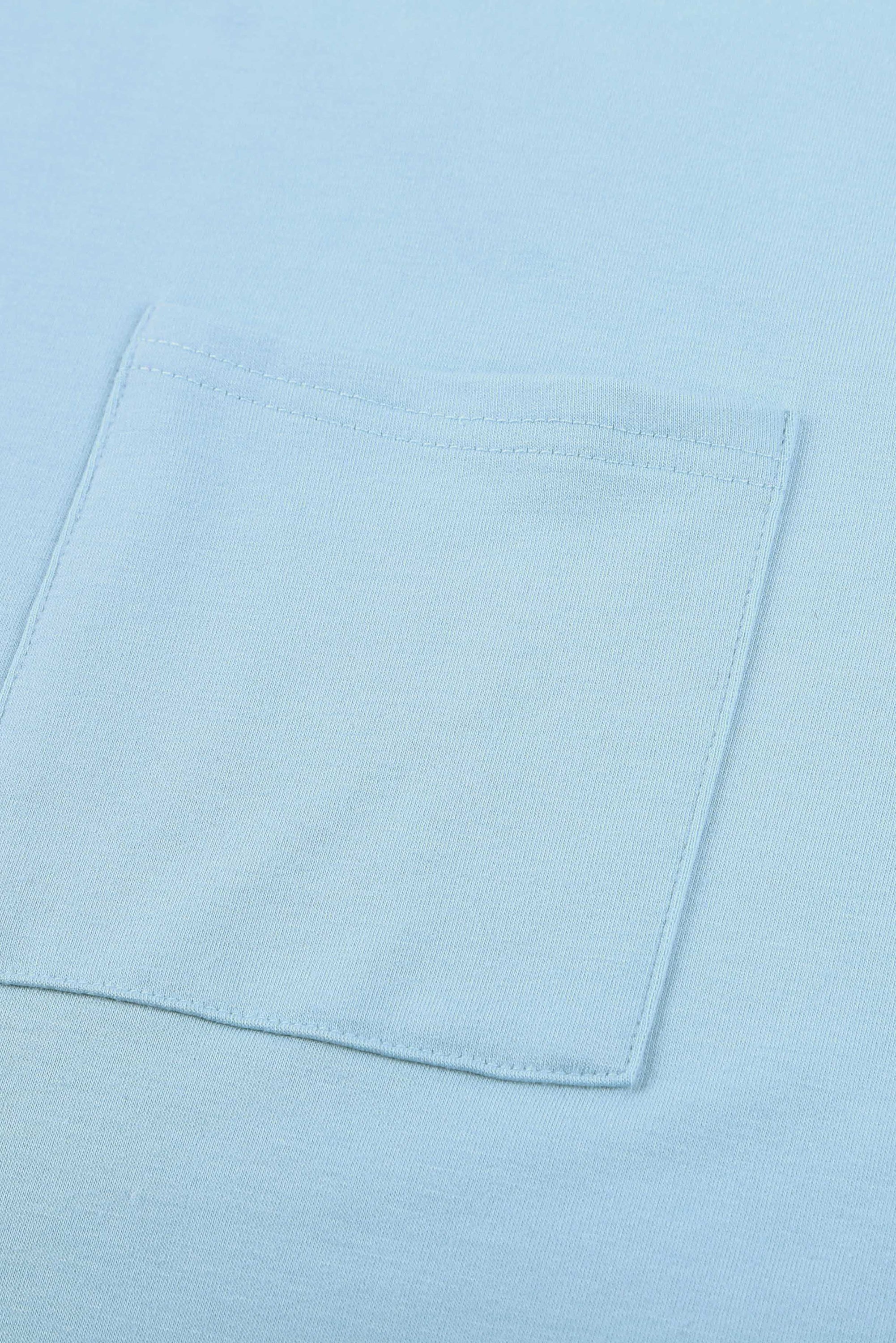 Sky Blue Knit Pocketed Side Slits Short Sleeve Tee featuring a relaxed fit, bust pocket, and side slits, perfect for summer wear.