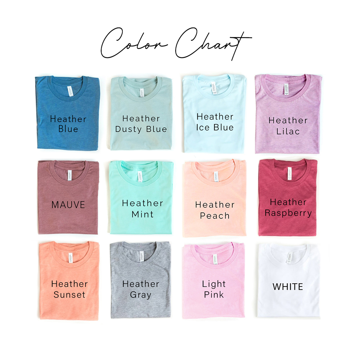 T-shirt color chart with names.