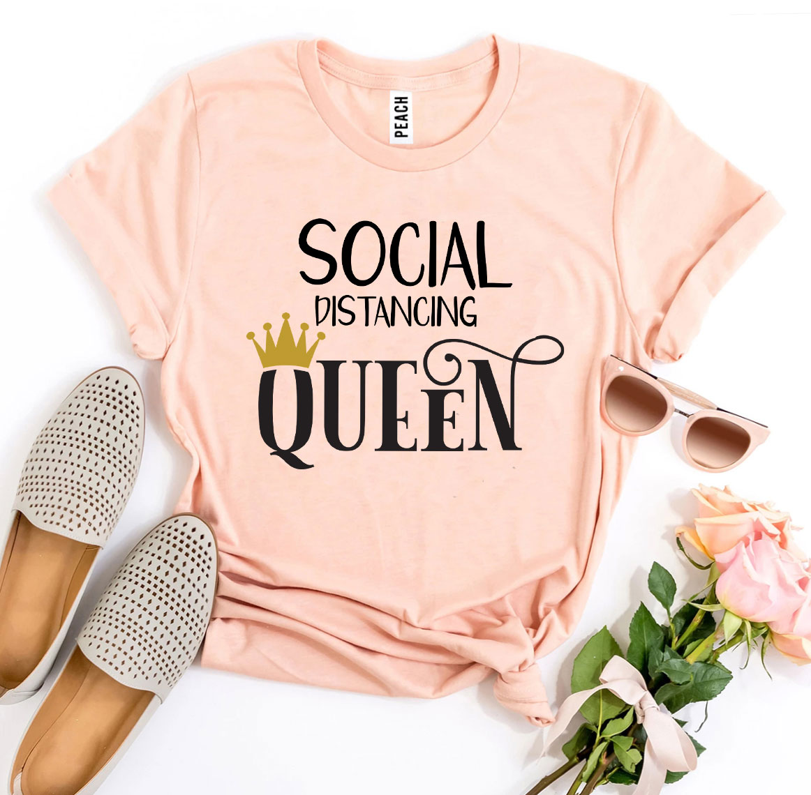 Social Distancing Queen T-shirt in various sizes, showcasing premium quality cotton and vibrant flex print design.