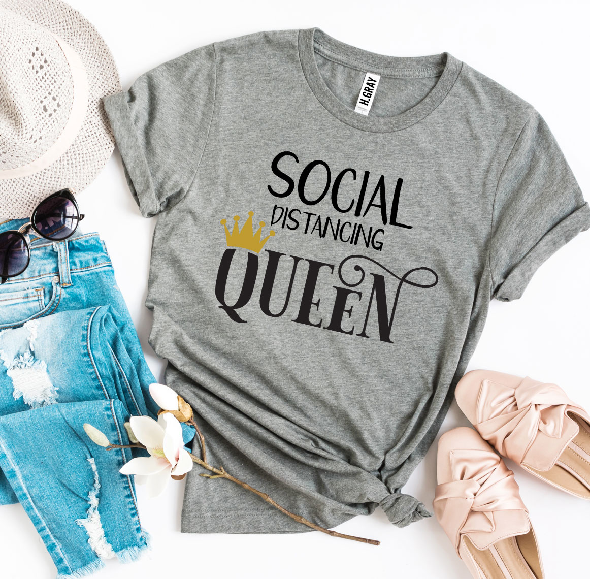 Social Distancing Queen T-shirt in various sizes, showcasing premium quality cotton and vibrant flex print design.